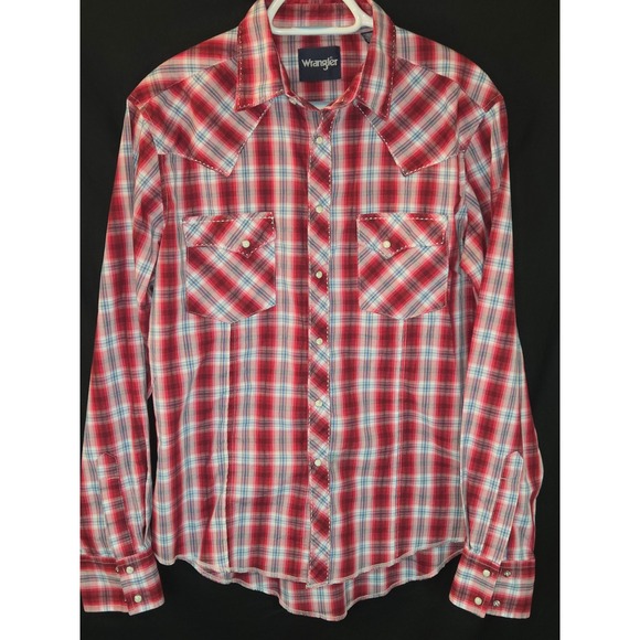 Wrangler Western Shirt Mens Medium Plaid Long Sleeve Pearl Snap Cowboy - Picture 1 of 9